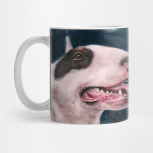 Painting of a Bull Terrier With Black Spot on Eye and Tongue Out on Dark Blue Background Mug